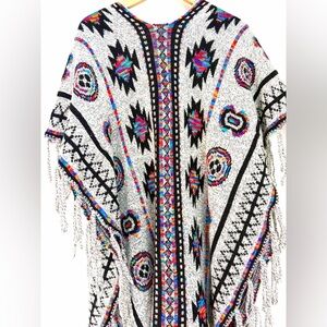 Boho Poncho Sweater with Fringe Trim – One Size